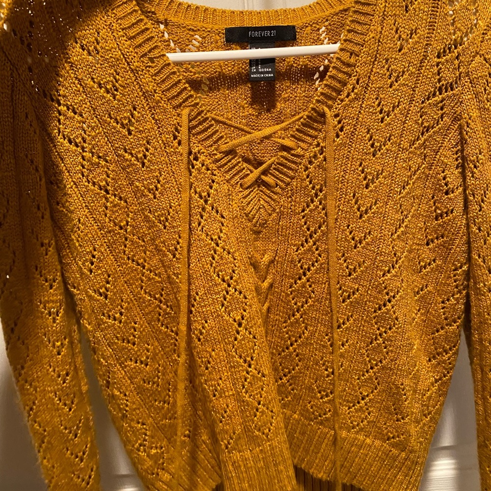 Forever 21 Mustard Yellow Cable Knit Lace up sweater